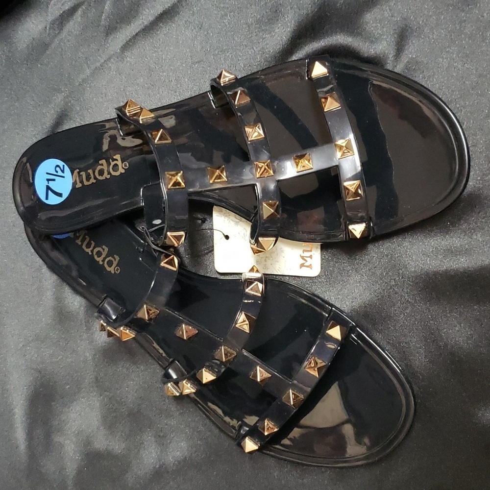 Mudd NWT Triple Strap Gold Studded Jelly Slide Sandals